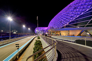 Yas Island hotel view at night in Abu Dhabi