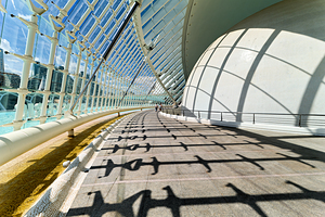 View of Hemisferic in Valencia Spain with shadows on the path