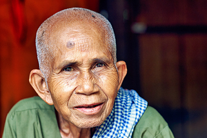Close up portrait of an elderly person with a fly on head.