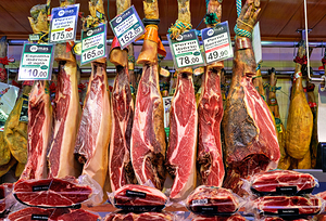 Jamon Iberico displayed in Mercat de Sant Josep de la Boqueria