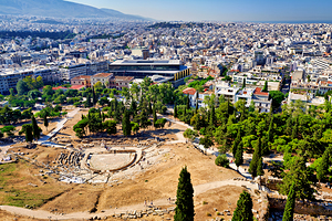 View over Athens from Acropolis showing the theatre of Dionysus
