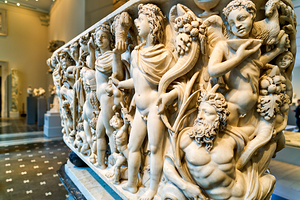 Sarcophagus display in the Greek and Roman Galleries of a museum
