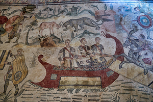 Mosaics showing daily life at Villa Romana del Casale in Sicily
