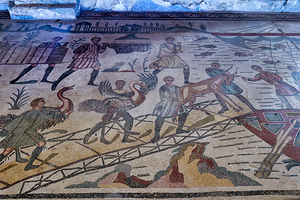 Mosaics showing ancient scenes at Villa Romana del Casale in Sic