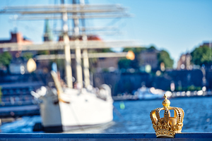 Skeppsholmsbron and its golden crown in Stockholm Sweden