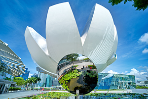 Visitors enjoy the view of ArtScience Museum and skyline in Sing