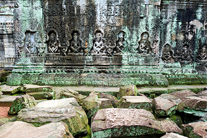 Ancient temple wall carvings and fallen stones covered in moss.