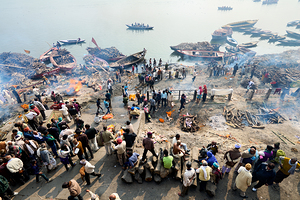 Cremation rites by the river Ganges in Varanasi India