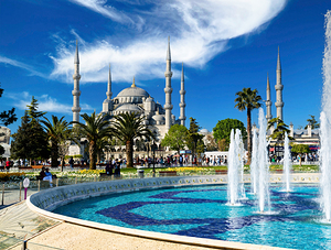 Blue Mosque in Istanbul Turkey with fountains and gardens