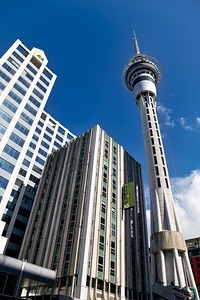 Sky Tower in Auckland showing city buildings and clear sky