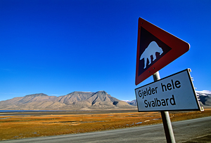 Warning sign for polar bears in Longyearbyen Svalbard