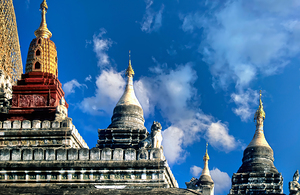 Stupas and golden peak at Ananda Paya in Bagan Myanmar