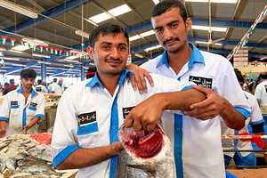 Fishmongers show fresh catch at market in Dubai UAE