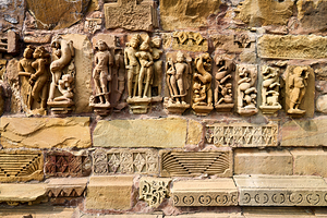 Carvings of erotic scenes at Khajuraho temples in Madhya Pradesh