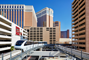 Monorail travels above Las Vegas in day time
