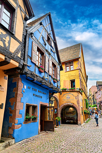 Historic timber framed houses in Riquewihr on Alsace Wine Route