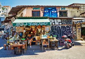 Flea market stalls at Monastiraki in Athens on a sunny day