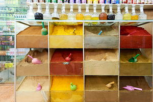 Colorful cosmetics powder displayed in Marrakesh perfumery stall