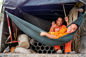 Workers relax in a truck in Ho Chi Minh City Vietnam