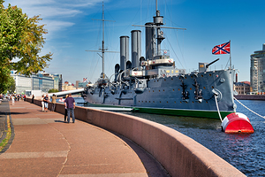 Cruiser Aurora docked on the Neva River in St. Petersburg