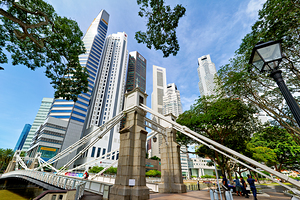 People walk across a bridge in Singapores financial area