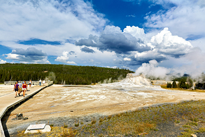 Visitors explore Upper Geyser Basin in Yellowstone National Park