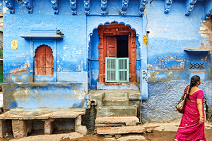 Walking along the blue streets of Jodhpur in Rajasthan India