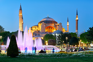Hagia Sophia Grand Mosque at night in Istanbul Turkey