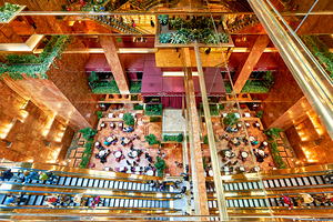 Crowd gathers in Trump Tower Atrium in Manhattan New York