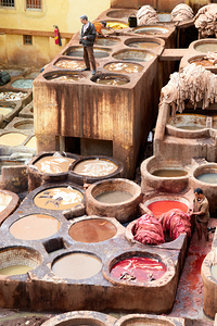 Workers at Chouara Tannery in Fez Morocco during the day
