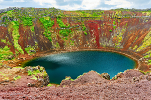 Exploring Kerid Crater in Iceland on a cloudy day