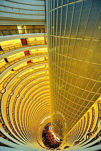 High rise hotel atrium with spiraling floors in Shanghai