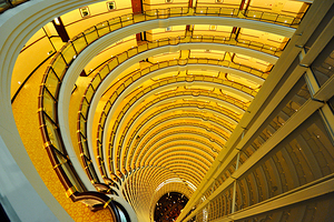 View down a multi story hotel atrium in Shanghai China