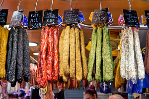 Colorful sausages at Mercat de Sant Josep Barcelona