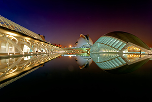 Evening view of Hemisferic at City of Arts and Sciences in Valen