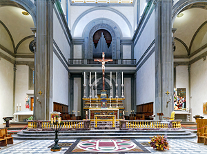 Basilica of San Lorenzo in Florence Italy shows altar and archit