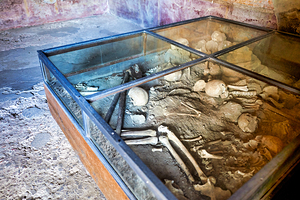 Pompeii ancient remains shown in glass display in Naples Italy