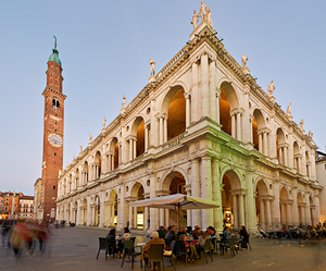 Visiting Basilica Palladiana in Vicenza Veneto Italy at dusk