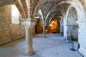 Exploring the interior of Mont Saint Michel Abbey in Normandy Fr