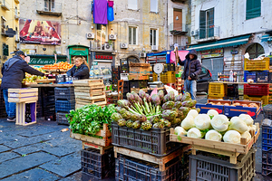 Greengrocer market scene in Pignasecca quarter Naples Italy