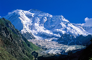 Karakoram range shows snow capped peaks and rocky terrain