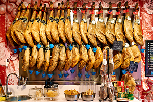 Jamon iberico bellota pata negra on display in Granada