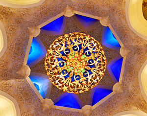 Intricate ceiling design at Sheikh Zayed Grand Mosque