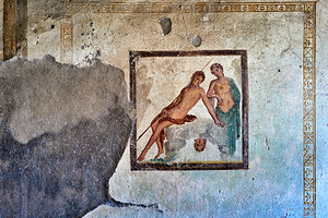 Ancient mural from Pompeii shows figures in a dramatic scene