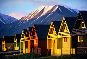 Colorful houses in Longyearbyen Svalbard at sunset