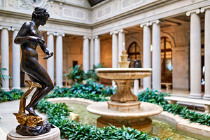 Sculpture near fountain in courtyard at Frick Collection in Manh