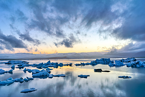 Midnight scenes at Jokulsarlon glacier lagoon in Iceland