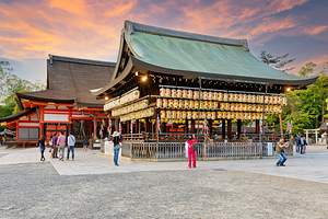 Visitors at Yasaka Shrine Temple during evening