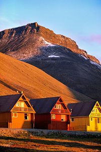 Colorful houses under a mountain in Longyearbyen Svalbard