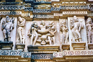 Carvings on temples in Khajuraho show Hindu art and culture